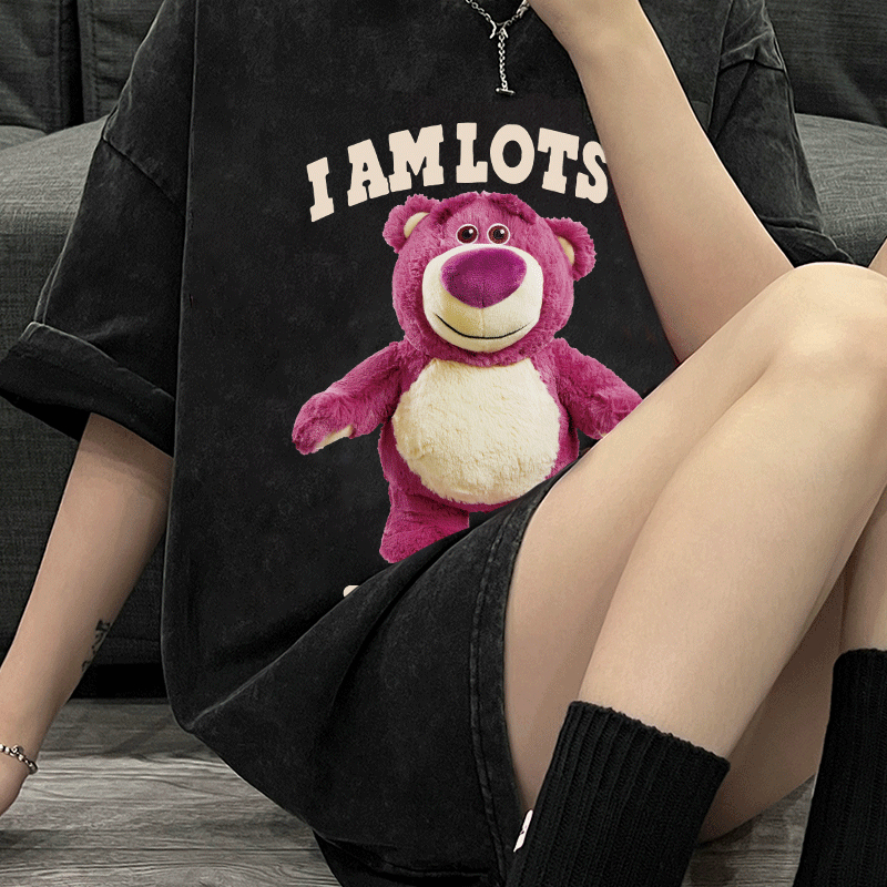 Print Washed T-shirt Kaos Lengan Pendek Oversize Cute Strawberry Bear Korean Style Atasan Wanita