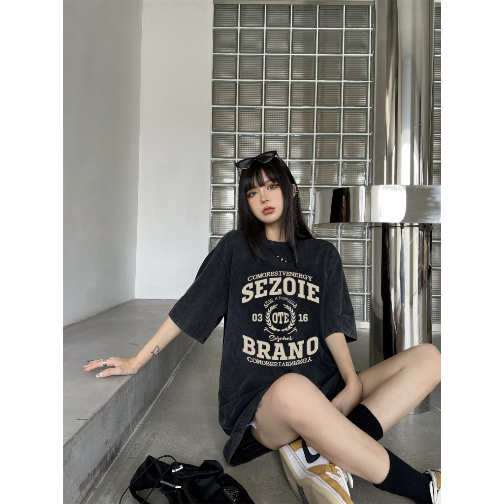 EUNII T-shirt Lengan Pendek Black Washed Vintage English Printing Korean Style/Kaos Atasan Wanita/Baju Wanita