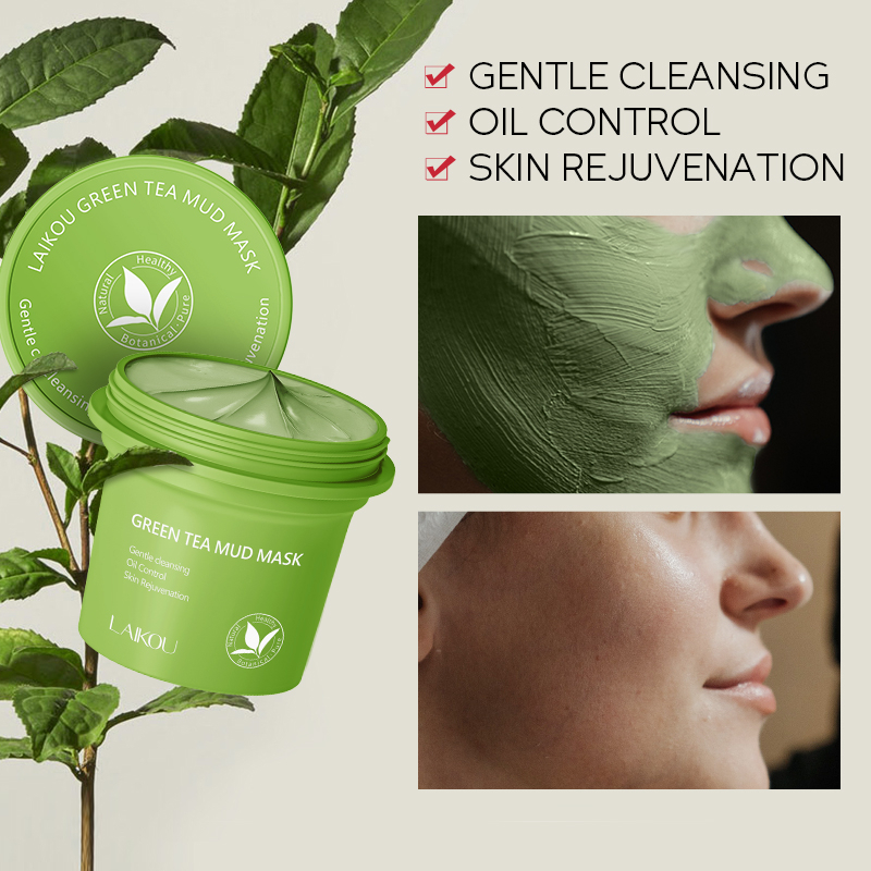 LAIKOU Green Tea Mud Mask Mengontrol Minyak Membersihkan Pori-Pori dan Komedo Melembutkan Kulit 100g