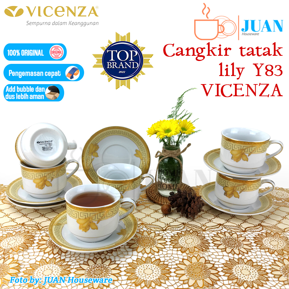 VICENZA Cangkir + tatak porcelain motif lily / Tea and coffee set keramik Y83
