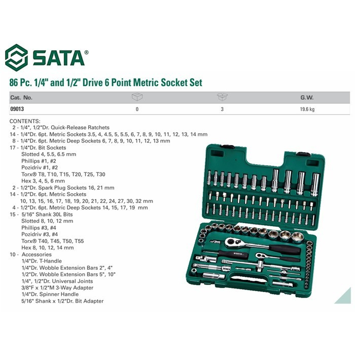 SATA kunci Sock set 86 pcs Sata Kunci Socket Set 86 Pcs 1/4 Inch &amp; 1/2 Inch (METRIC) 09013 SATA TOOLS