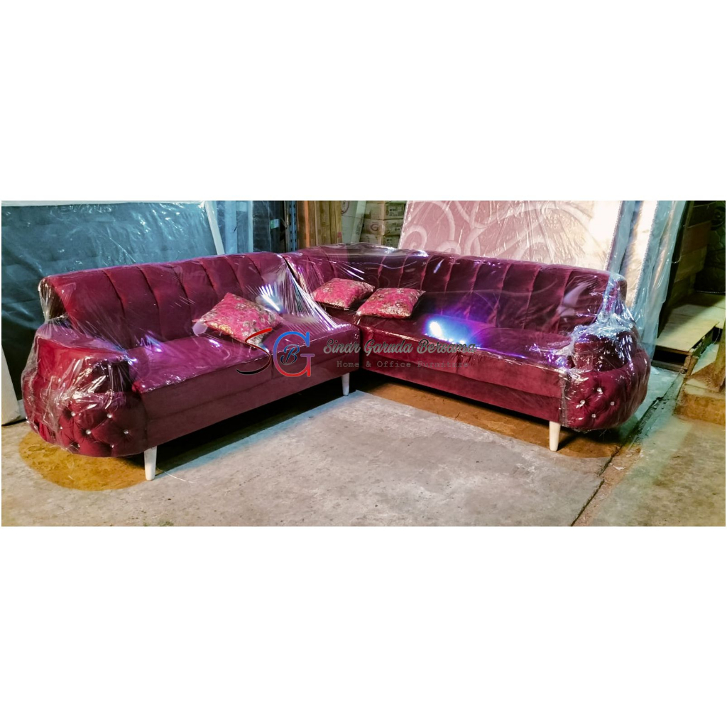 SOFA LETTER L MEWAH WARNA MERAH / SOFA SUDUT + BANTAL MODERN