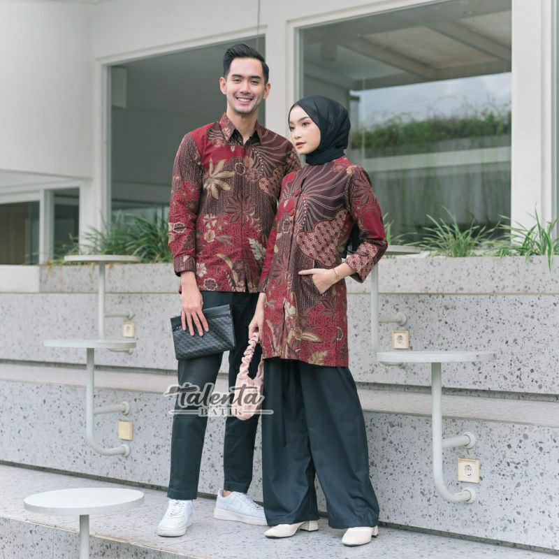 Batik pasangan couple sarimbit pria &amp; wanita batik ekslusif bahan katun lapis furing size reguler daun maron