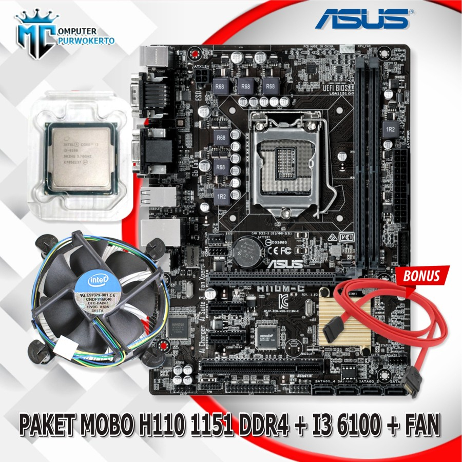 Paket Mainboard Mobo H110 LGA 1151 DDR4 + Processor Core i3 6100 Skylake + Fan