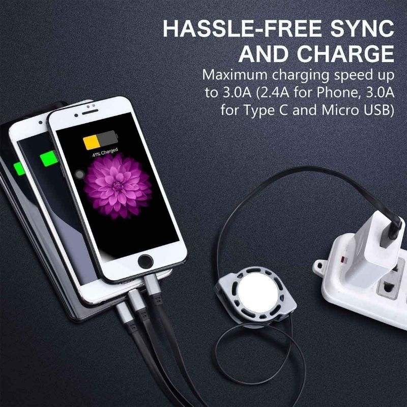 Kabel Charger 3 in 1 Retractable Micro USB + Lightning + USB Type C