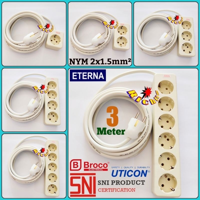 Stop Kontak Uticon 1,2,3,4,5,6 lubang kebel 3 meter Eterna NYM 2x1.5mm