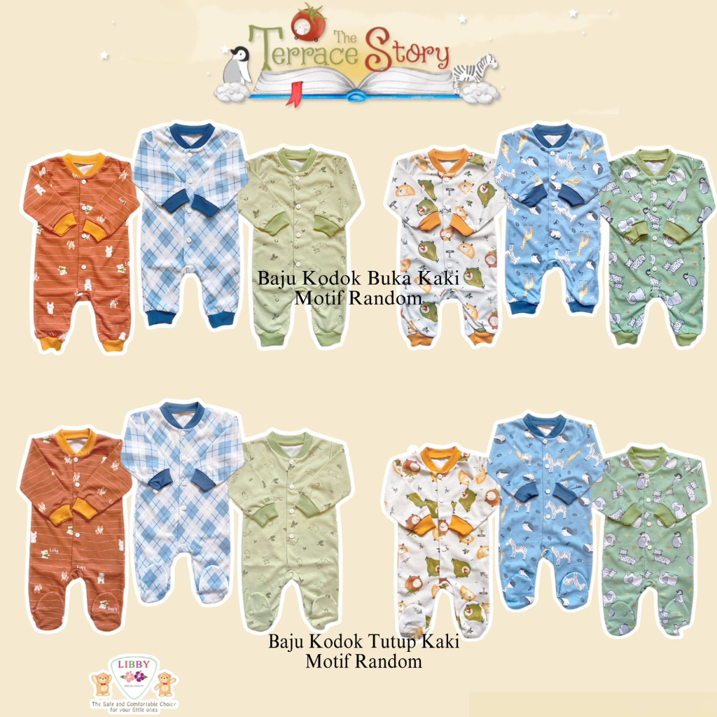 isi 3pcs Libby Baju Kodok Panjang Buka Kaki Tutup Kaki / Jumpsuit Sleepsuit Jumper