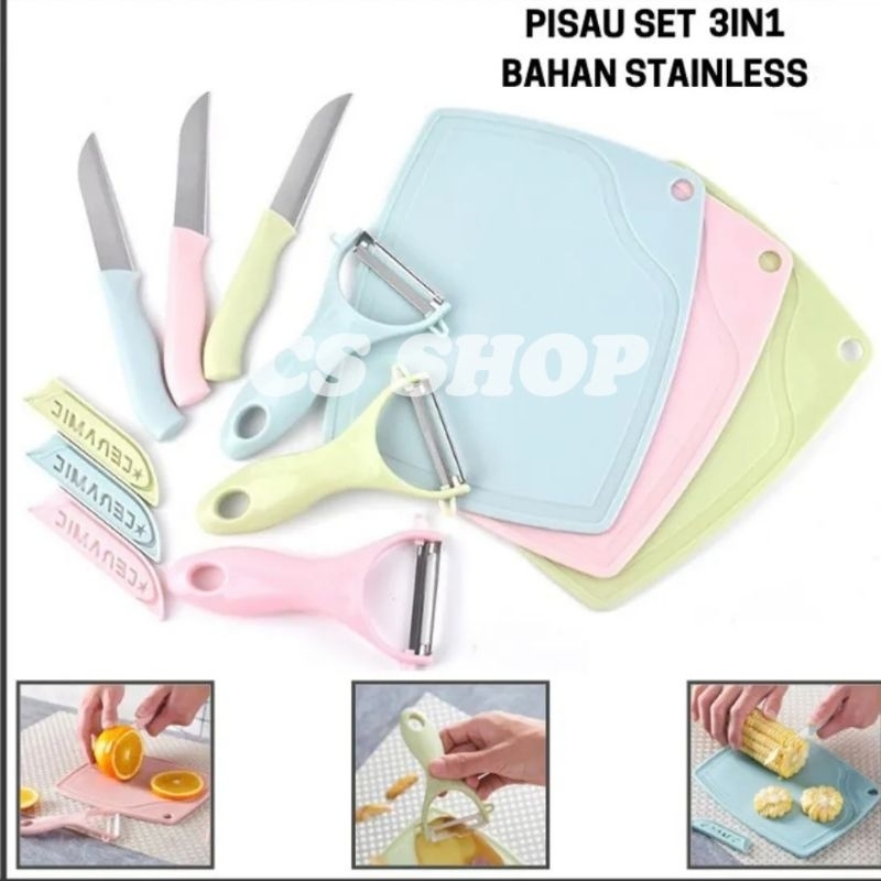 PISAU SET TALENAN 3IN1 STANLESS/PISAU SET PENGUPAS BUAH SAYUR/KNIFEE PEELER FRUIT CHOPPING BOARD