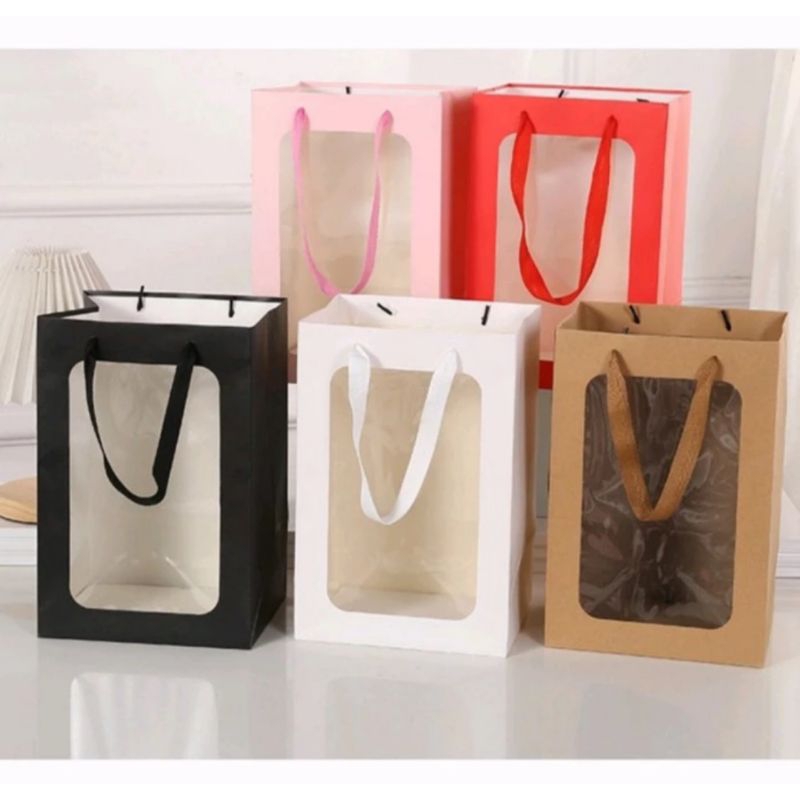 

Paperbag jendela mika putih coklat merah Imlek Natal Lebaran/ Paperbag goodiebag hamper souvenir simple elegan Imlek New Year Natal Lebaran