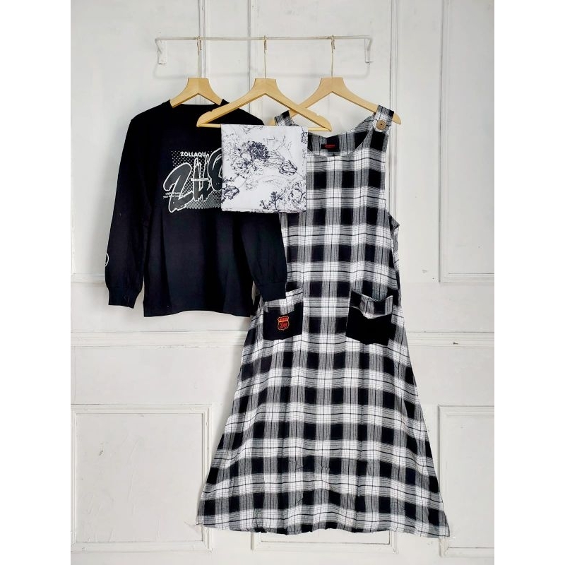 Overall Kotak Set Kaos Combed + Hijab Voal Segi Empat