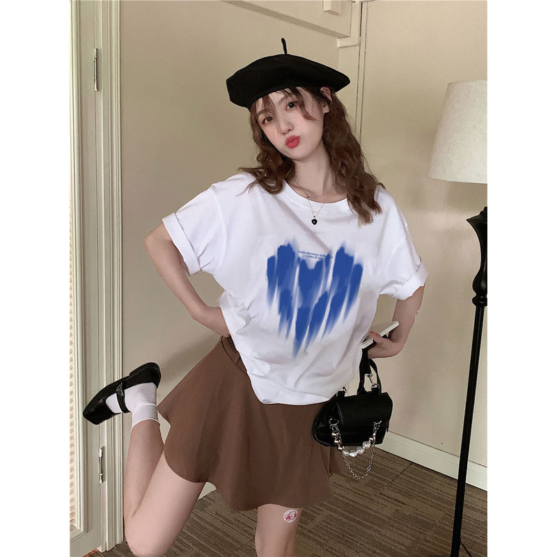 100%  Katun Heart Kaos Lengan Pendek Cream Atasan Wanita Oversize Printed T-shirt Kekinian Korean Style/kaos import wanita jumbo