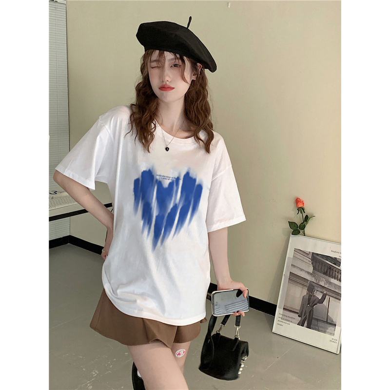 100%  Katun Heart Kaos Lengan Pendek Cream Atasan Wanita Oversize Printed T-shirt Kekinian Korean Style/kaos import wanita jumbo