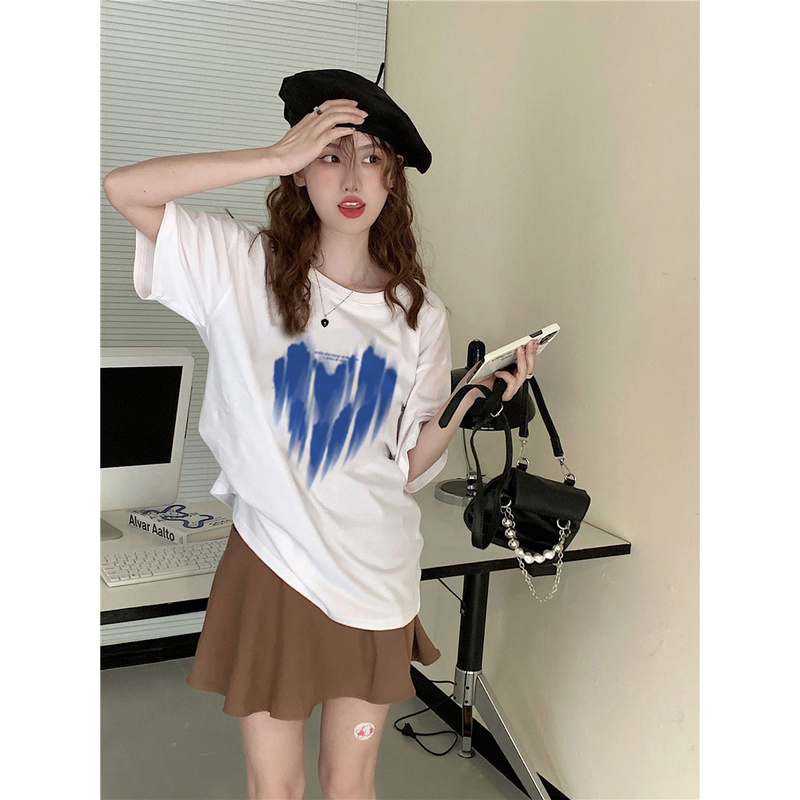 100%  Katun Heart Kaos Lengan Pendek Cream Atasan Wanita Oversize Printed T-shirt Kekinian Korean Style/kaos import wanita jumbo