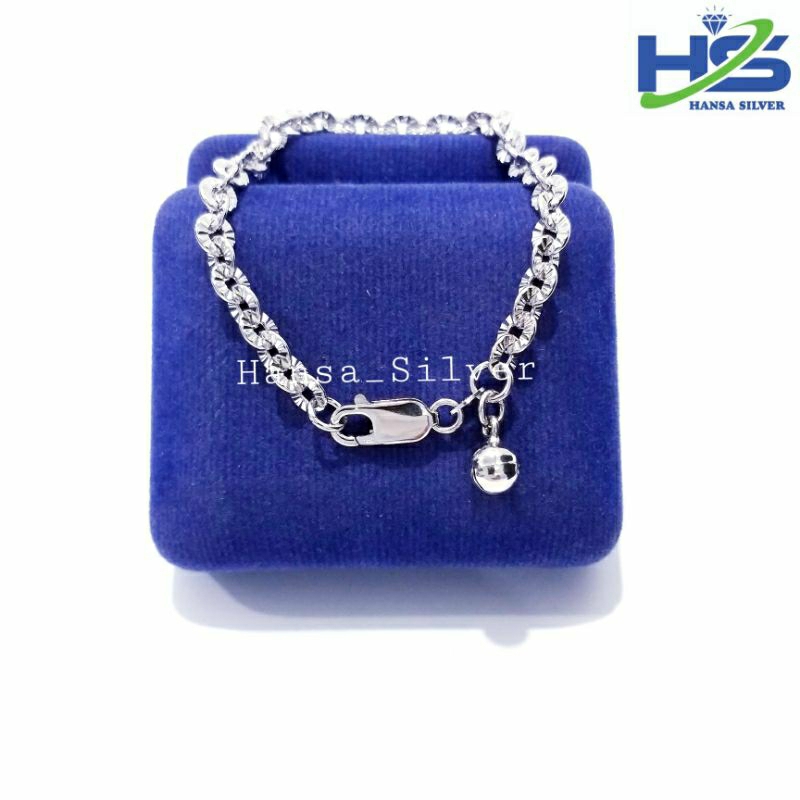 Gelang Perak Asli Silver 925 Lapis Emas Putih Model Rantai Nori Ukir Tebal - Gelang Wanita Anti Karat