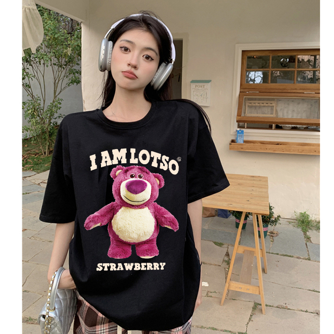 Kaos couple American Vintage Strawberry Bear Pattern printing Overszie T-shirt baju kaos wanita/Kaos Lotso Toy story Washed | Baju ToyStory Oversized