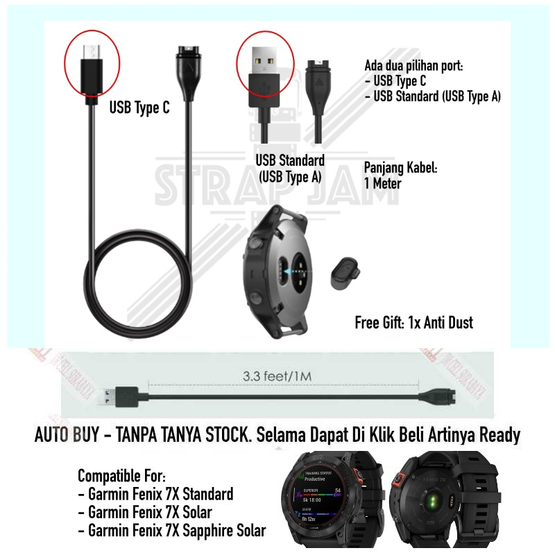 Cable Kabel Charging Charge Untuk Garmin Fenix 7X 51mm Series USB A / Type C