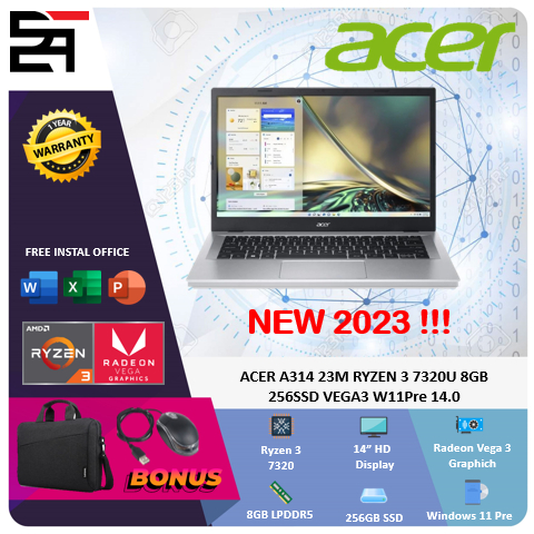 Acer Aspire 3 A314 Ryzen 3 7320U RAM 8GB 256GB SSD Vega Windows 11 Pre 14 Inch HD