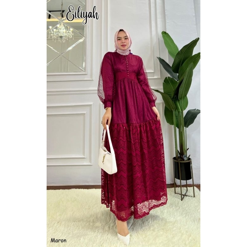 Eiliyah Maxi dress pink black purple maroon bahan brukat Maxmara velvet furing mewah busui pesta new
