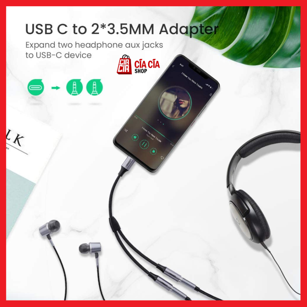 UGREEN 30732 Converter Audio Type C To Dual Jack 3.5mm Splitter USB C Adapter USB C to Dual Aux On MIC