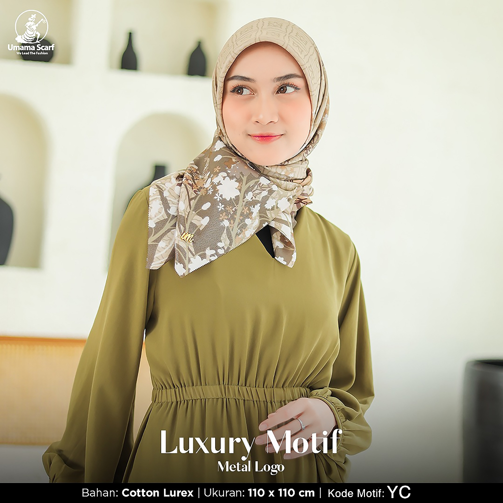 Jilbab Segiempat LUXURY PRINT UMAMA kode YC motif bahan Cotton Lurex original Premium