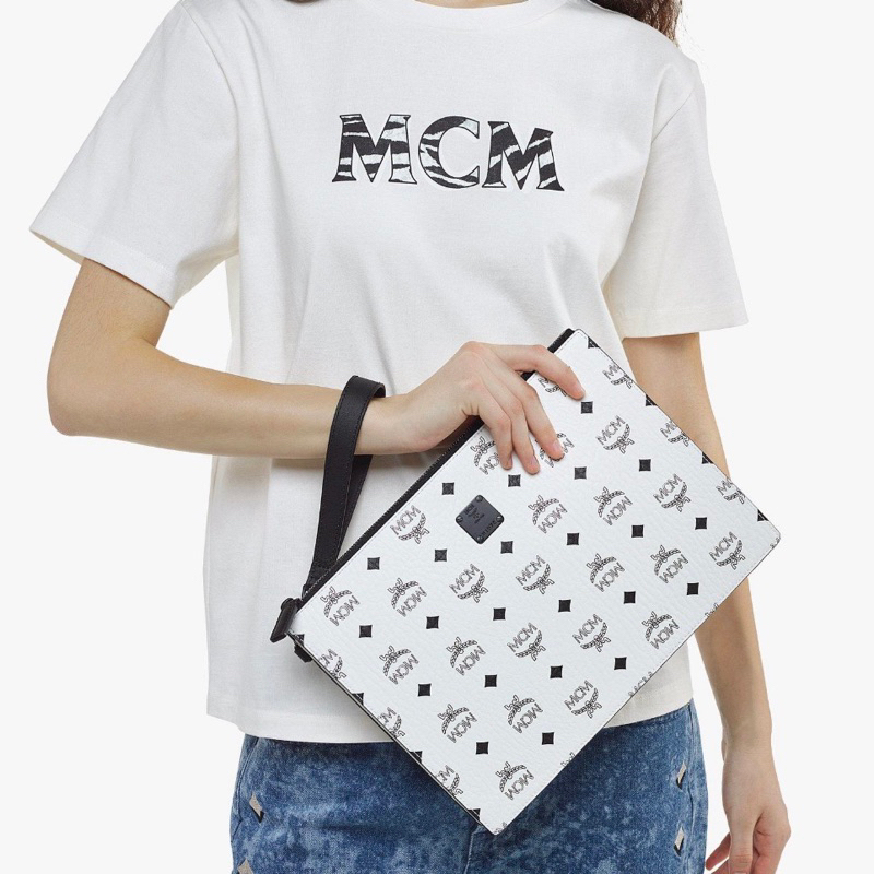 MCM Medium Aren Wristlet Zip Pouch / Clutch Bag / Pochette in Visetos with Black Wristlet