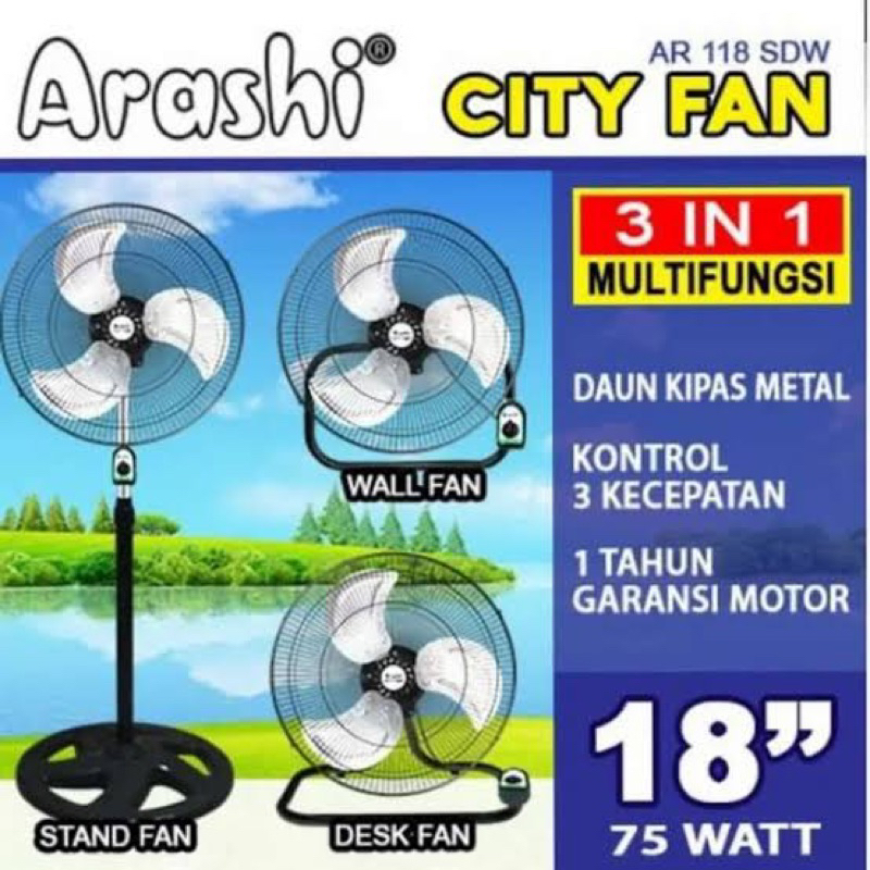 Kipas Angin berdiri 3 Fungsi 18 Inchi 3 in 1 Arashi / Hyperlite City Fan AR 118 SDW Speed Fan ( BERDIRI DUDUK GANTUNG DINDING )