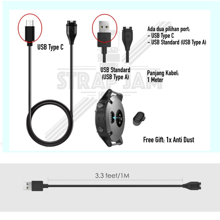 Cable Kabel Charge Data For GARMIN Fenix 6 / 6s / 6x - USB Standard A / Type C