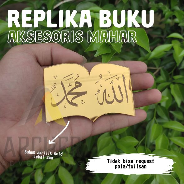 REPLIKA BUKU TULISAN ALLAH &amp; MUHAMMAD AKSESORIS HIASAN MAHAR AKRILIK MIROR GOLD