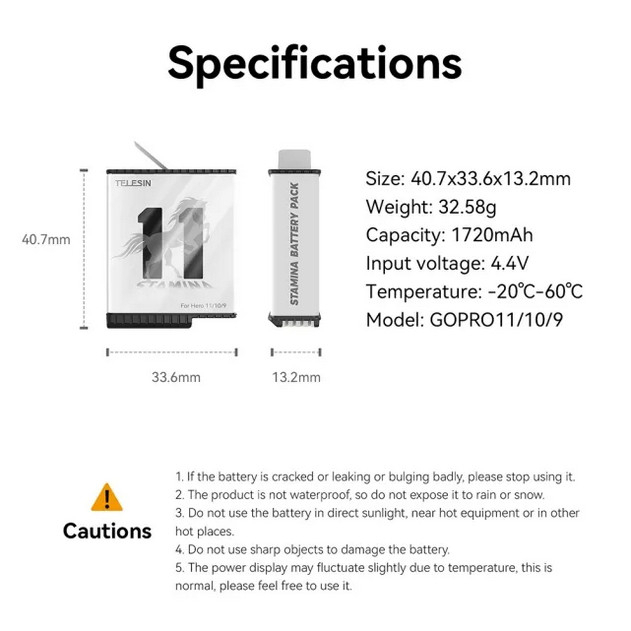 TELESIN High Performance Stamina Battery for GoPro Hero 11 / 10 / 9