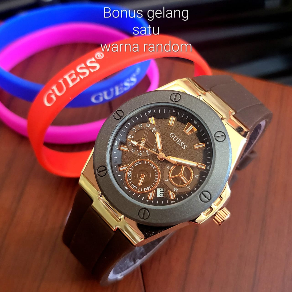 BEST SELLER JAM TANGAN WANITA GUESS D60 ANALOG TALI RUBBER TANGGAL AKTIF CHRONO OFF BODY BULAT DM 3.8CM FREE BOX GELANG &amp; BATERAI || JAM TANGAN FASHION WANITA JAM TANGAN CEWEK MURAH