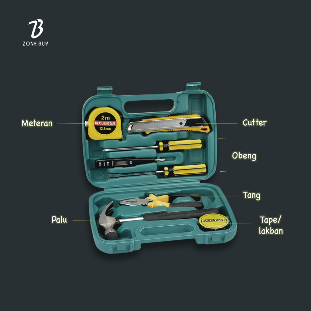 (9in1) Tool Kit Perkakas Alat Repairing Multi Set 9 Pcs / Tool Box Set Perkakas Palu Tang Obeng Kunci Pas Cutter