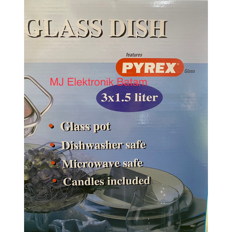 Wadah Saji Makanan Prasmanan KACA PYREX 3 x1.5Ltr Food warmer Original Mantap Tebal BATAM