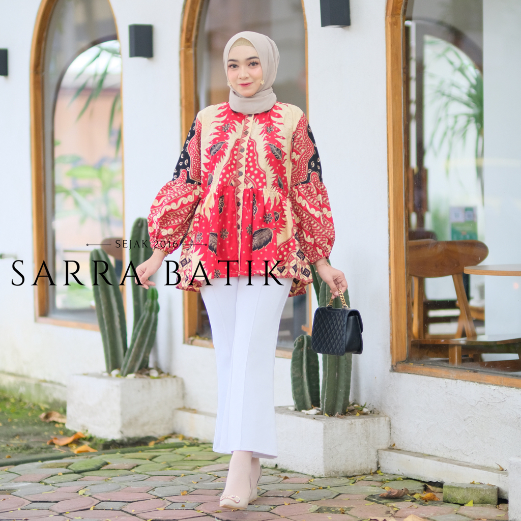 PREMIUM Blus Kasmaran Daun Batik Modern Atasan Kerja Kantoran Kekinian Baju Rempel Busui Friendly Triball Warna Klasik Lengan Lonceng