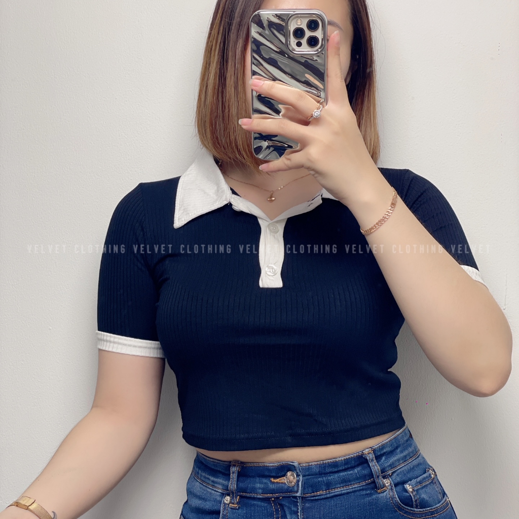 Crop Top Kerah button Knit Rib / Atasan Crop Kerah Wanita / Croptop Collar Knit 4694