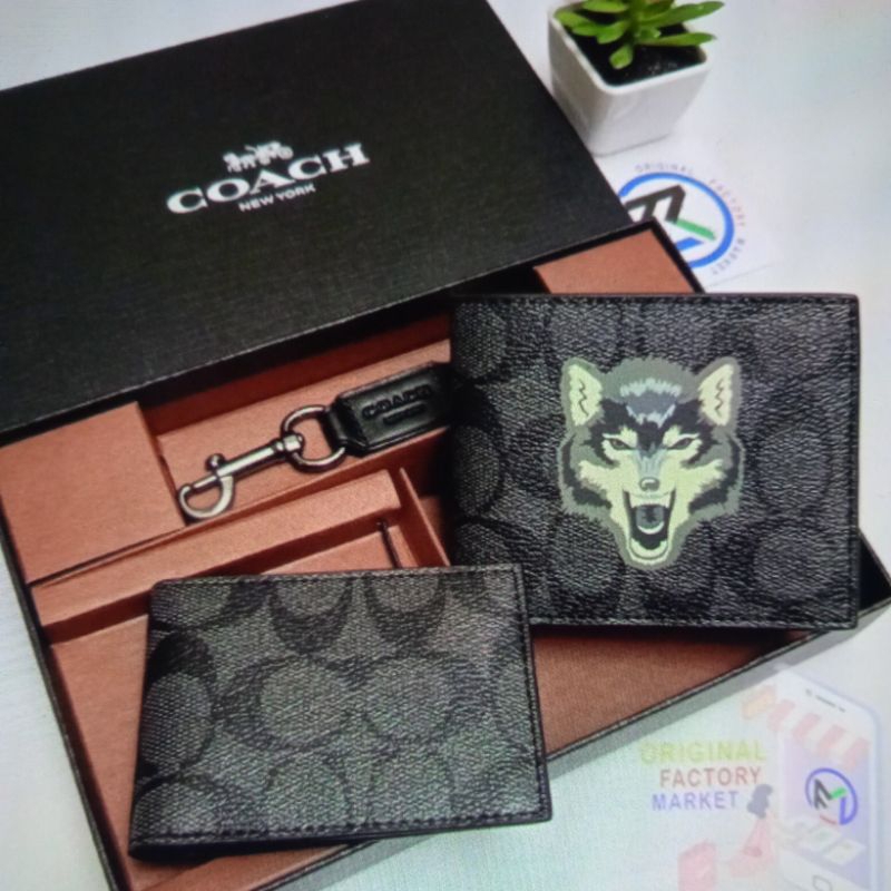 dompet coach wallet bifold signature wolf print