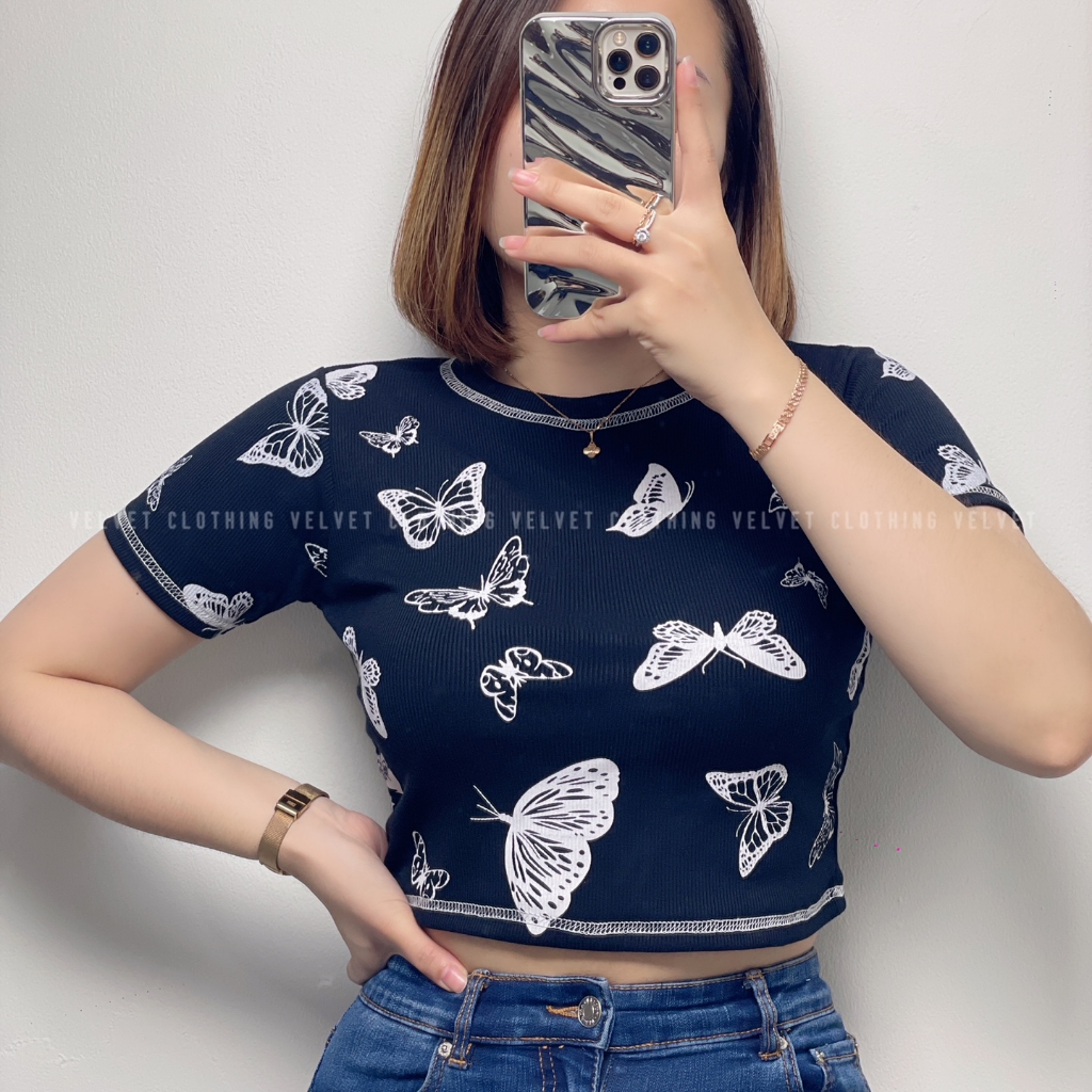 Crop Top Rib Butterfly / Croptop Knit RIb Wanita 4756