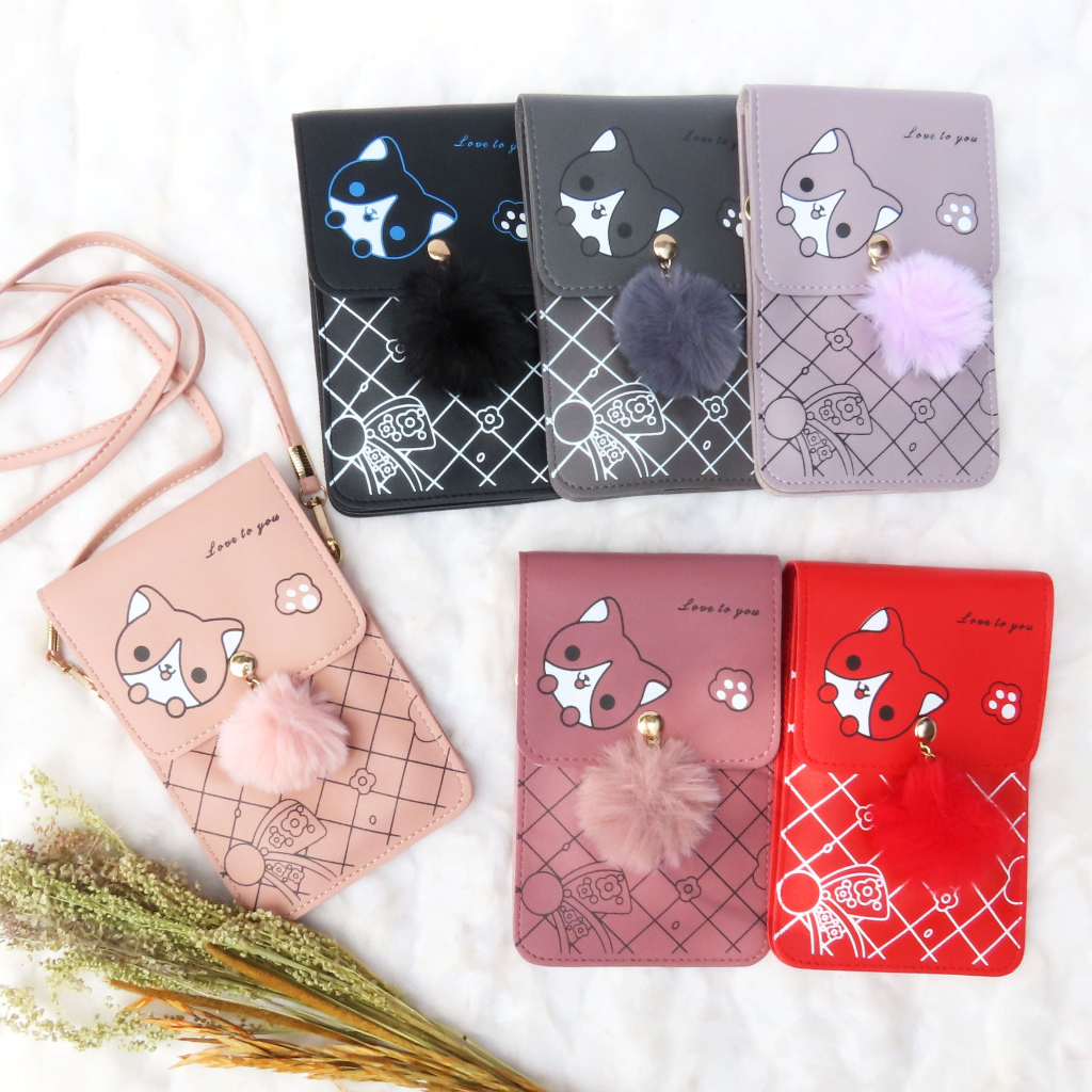 Tas Selempang Minni Handphone Transparan Layar Sentuh Pocket Wanita Karakter Kucing