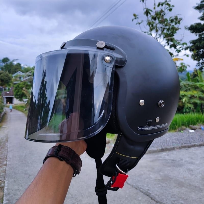 HELM BOGO DEWASA POLOS MODEL RETRO FULL LEHER SNI