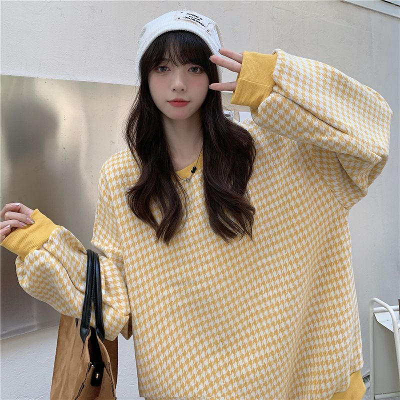 BEARYJEANS Hoddie Sweatershirt Oversize Lengan Panjang Motif Kotak Wanita Kasual Musim Dingin Premium Import - BJ074