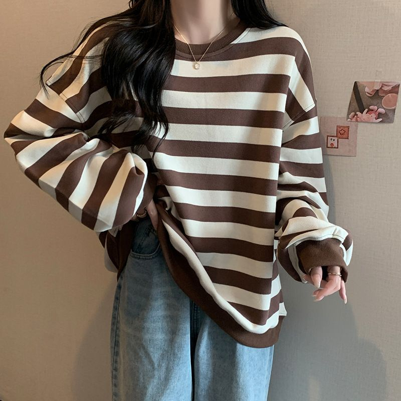 BEARYJEANS Sweater Tebal Beludru Oversize Streetwear Garis Musim Dingin Hangat Wanita Lengan Panjang Bergaris Premium Import - BJ075