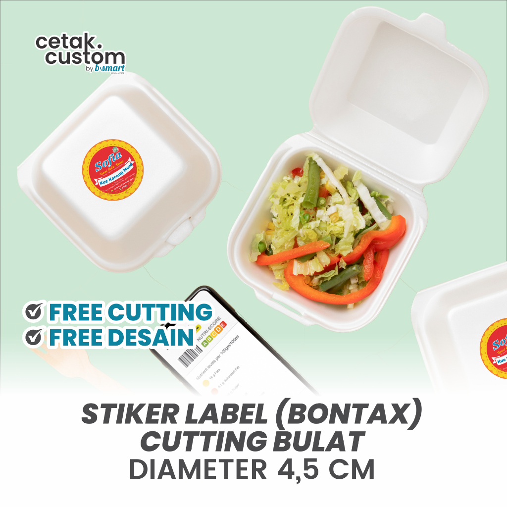 

STIKER LABEL MAKANAN (BONTAX)+CUTTING BULAT DIAMETER 4,5x4,5 CM