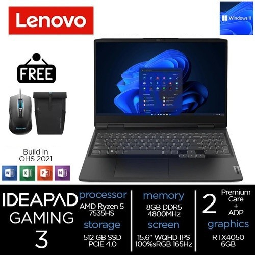 LENOVO Ideapad Gaming 3 - Ryzen 5-7535HS 8GB 512GB SSD RTX4050 6GB 15.6&quot;WQHD IPS 165Hz 100%sRGB Win11 OHS