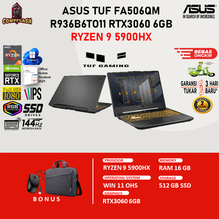 LAPTOP ASUS TUF FA506QM R936B6TO11 RTX3060 6GB RYZEN 9 5900HX 16GB 512SSD W11OHS 15.6FHD IPS 144HZ