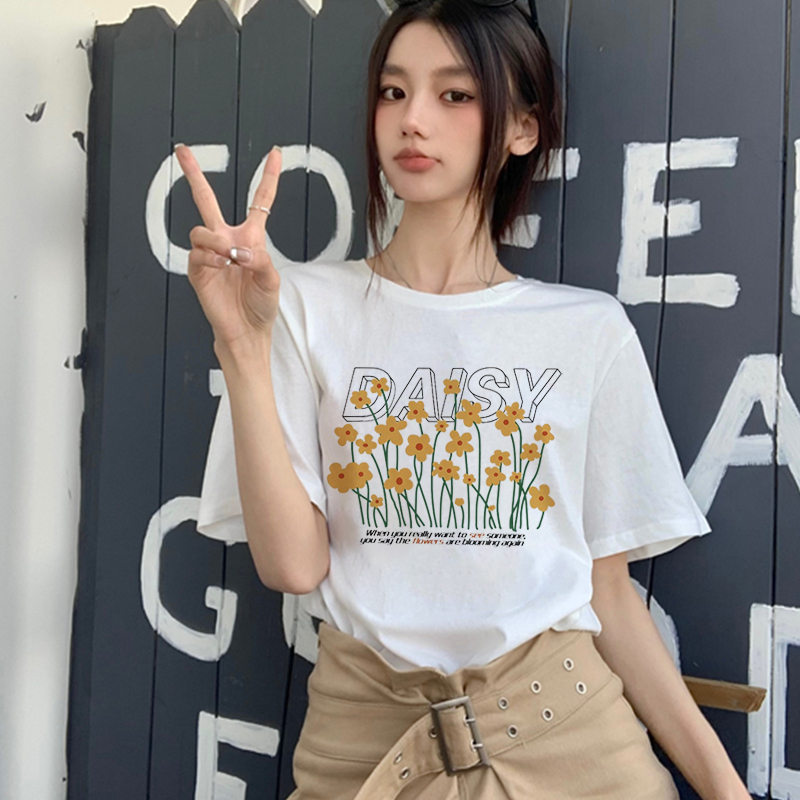 Print T-shirt Kaos Lengan Pendek Cartoon Yellow Flowers Baju Wanita Oversize Korean Style