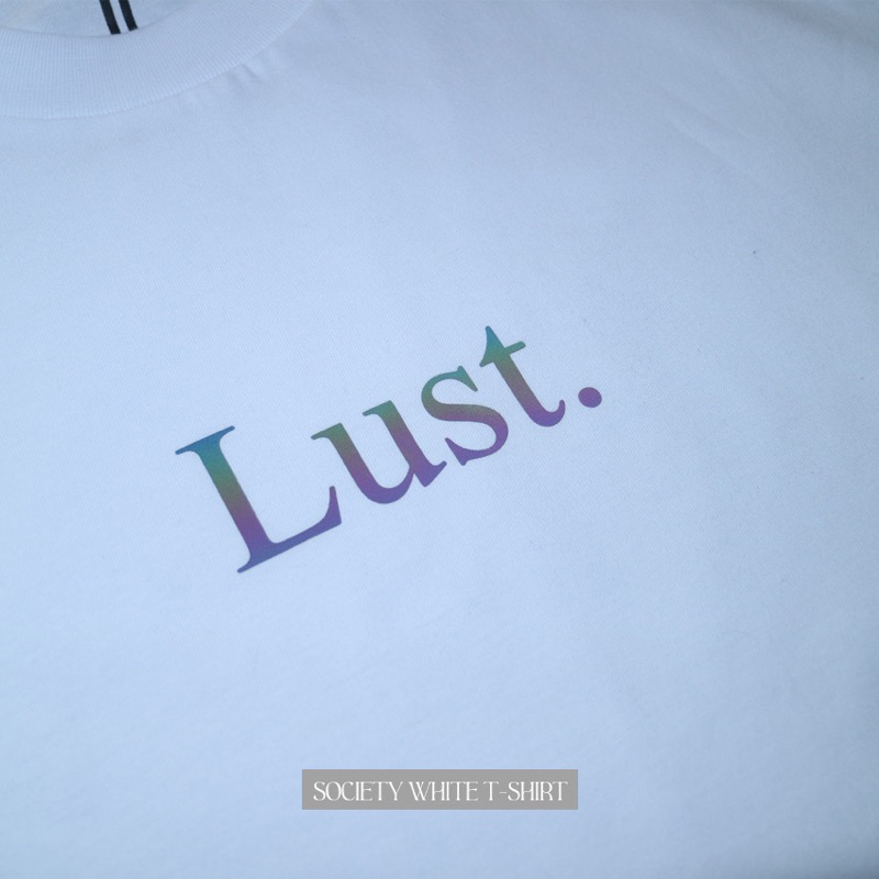 Lust. Society white t-shirt with rainbow reflective effect