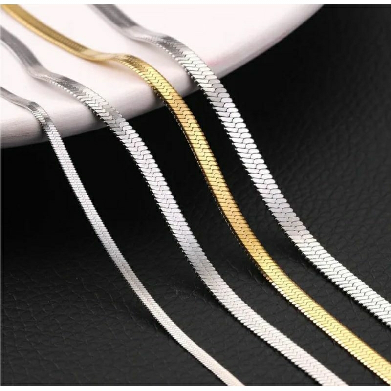 Kalung Titanium Import Flat Pipih Rata Gepeng Stainless Steel Anti Karat Selamanya Super High Quality Premium Flate Warna Gold Silver Style Elegan Kasual Vintage