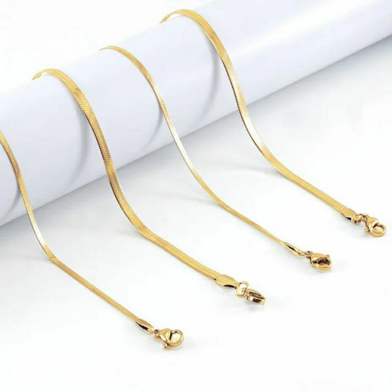 Kalung Titanium Import Flat Pipih Rata Gepeng Stainless Steel Anti Karat Selamanya Super High Quality Premium Flate Warna Gold Silver Style Elegan Kasual Vintage