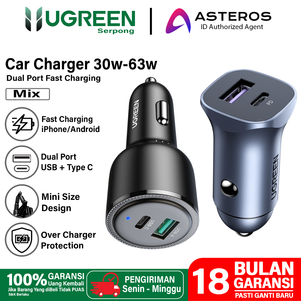 UGREEN Car Charger Mobil USB A + PD Type C Fast Charging QC 4.0 3.0 Untuk iPhone Android Samsung