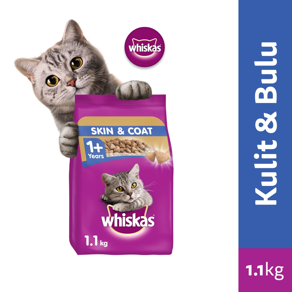 WHISKAS SKIN AND COAT DRY FOOD FOR ADULT CATS 1.1KG / MAKANAN KERING KUCING