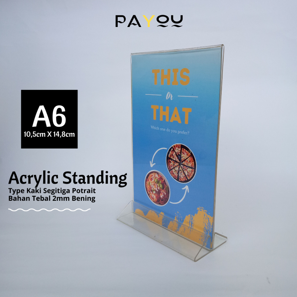 

Acrylic Standing A6 Type Kaki Segitiga Potrait/ Tempat QRIS/ Brosur/ Menu